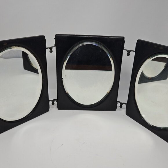 Antique Tri-Fold Wood & Beveled Mens Travel Shaving Mirror Victorian Edwardian - Picture 1 of 7